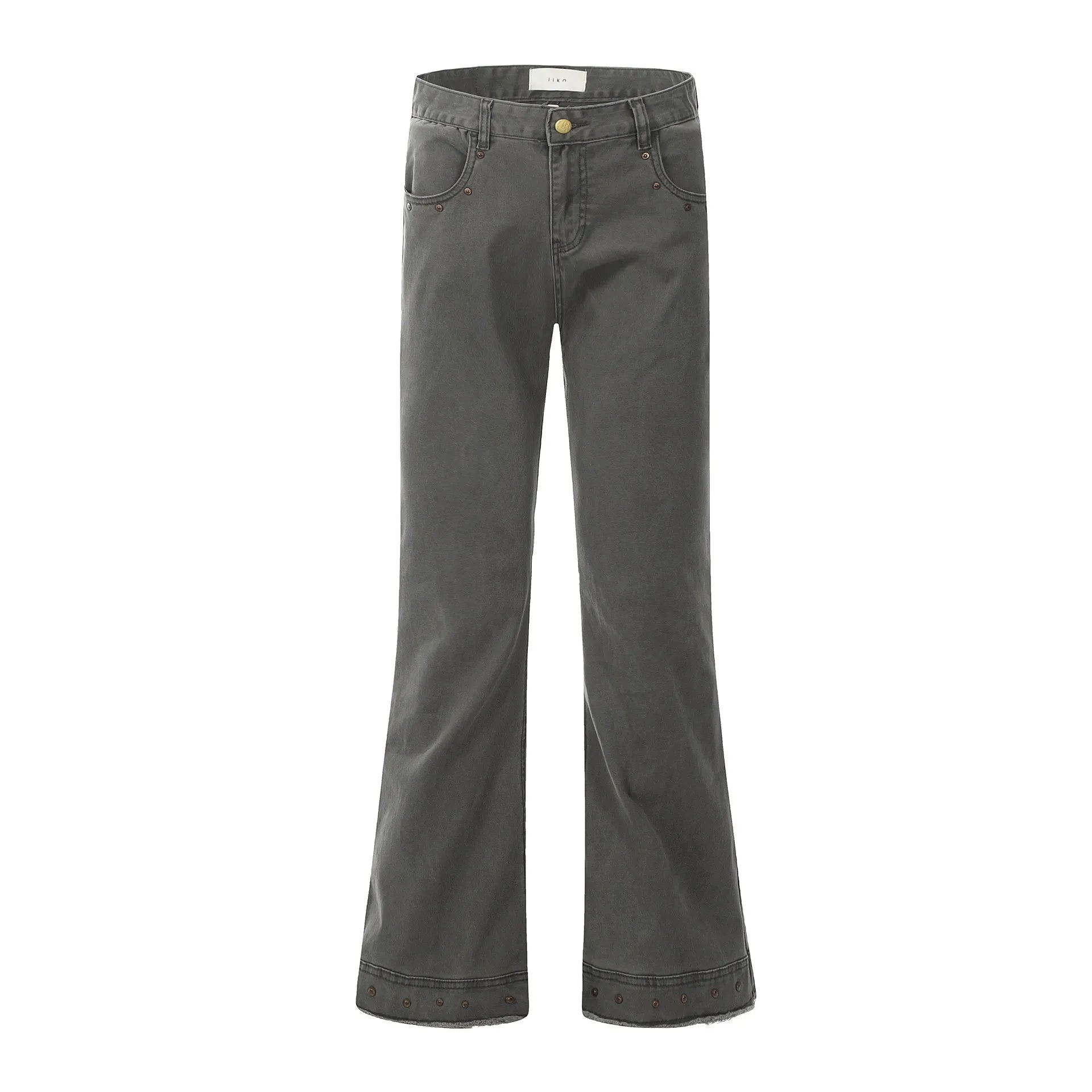 Straight-leg skinny jeans in black cotton fabric with horn-style leg opening and zipper fly