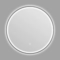 Round wall-mounted LED bathroom mirror with black aluminium alloy frame and touch control.