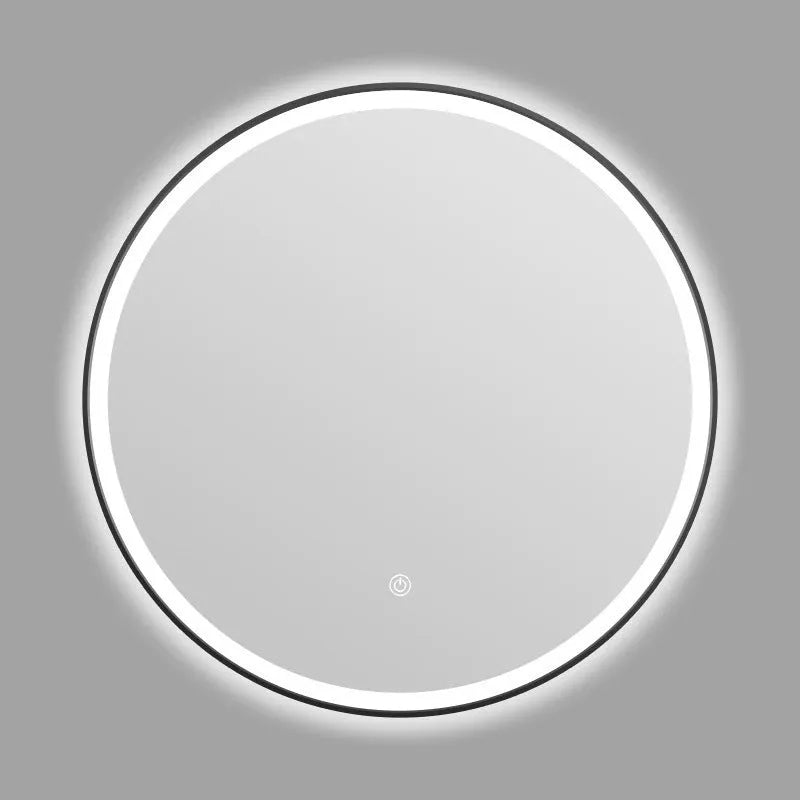 Round wall-mounted LED bathroom mirror with black aluminium alloy frame and touch control.