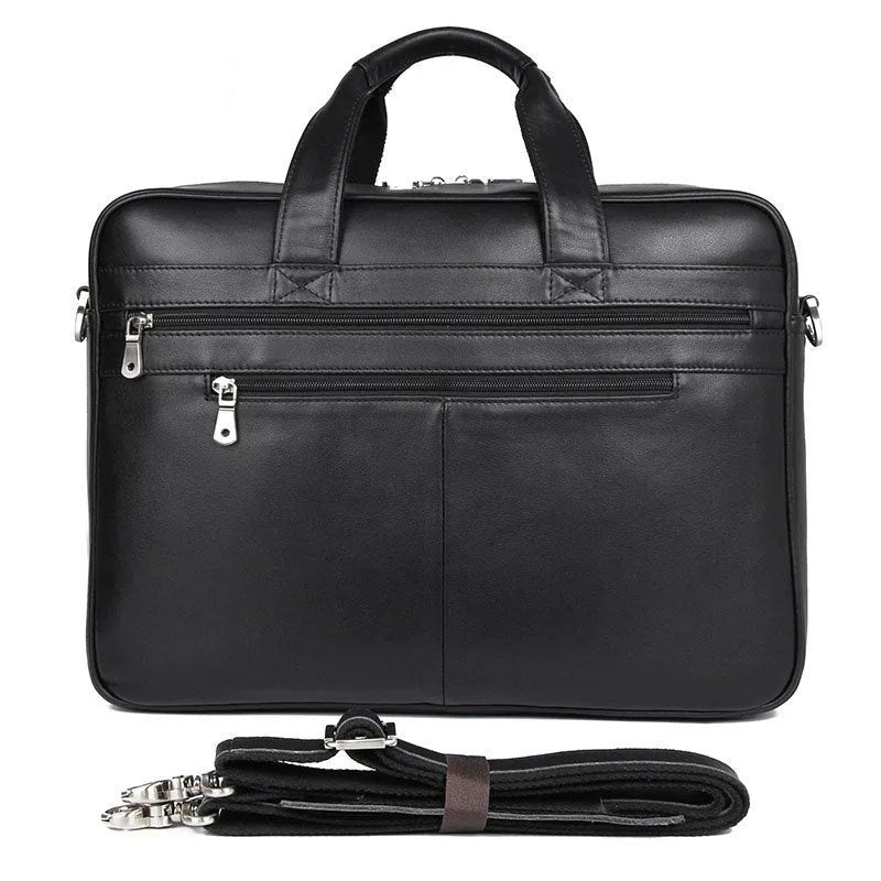 Genuine Nappa leather handbag briefcase for men, solid black, business travel bag