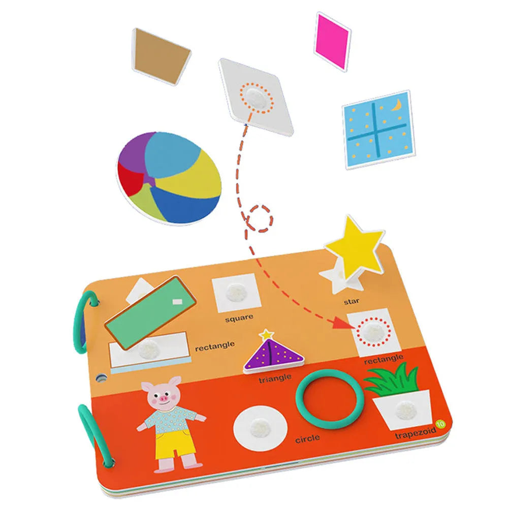 Montessori paste quiet book with metal build, showing themed pages for infant learning