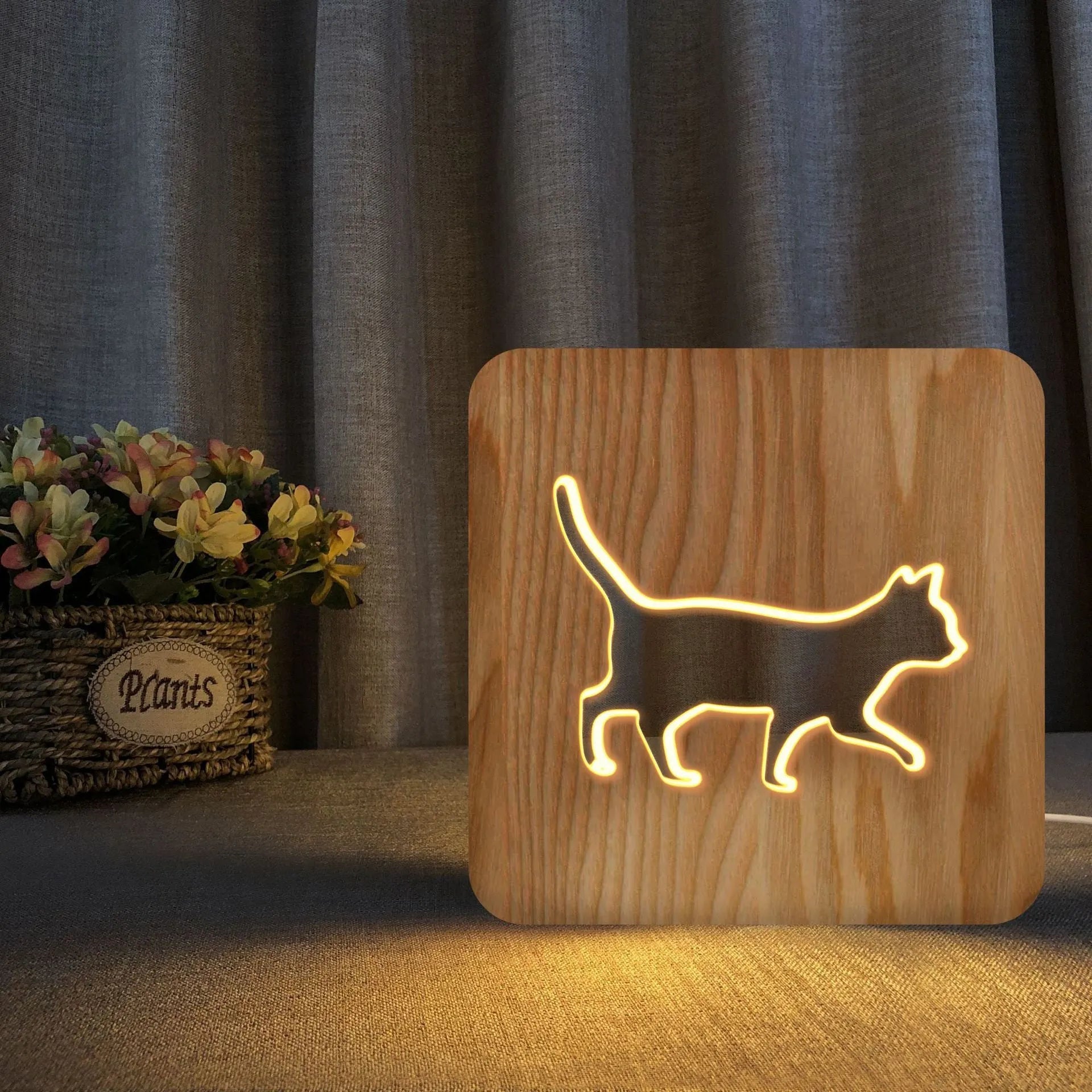 Solid wood cat 3D night light with hollow silhouette, USB power cord, pastoral design style