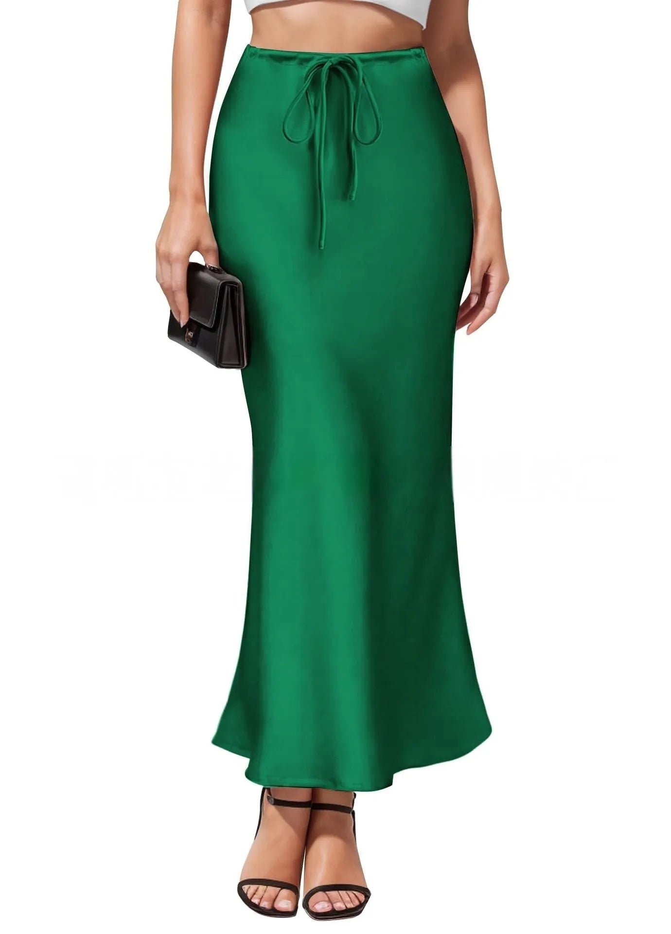 Asymmetric acetate satin skirt with irregular stitching detail in high waist design