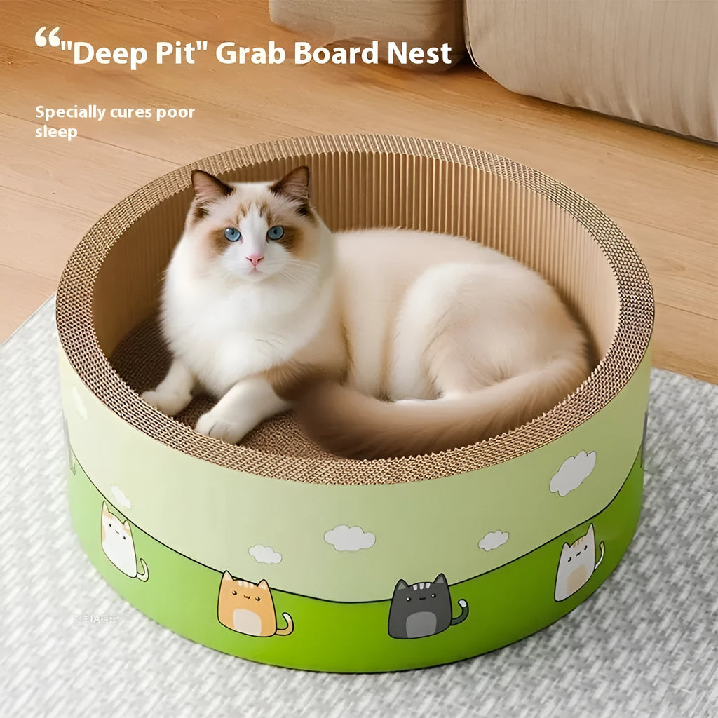 Large round cat scratch board with deepening pit design in corrugated paper