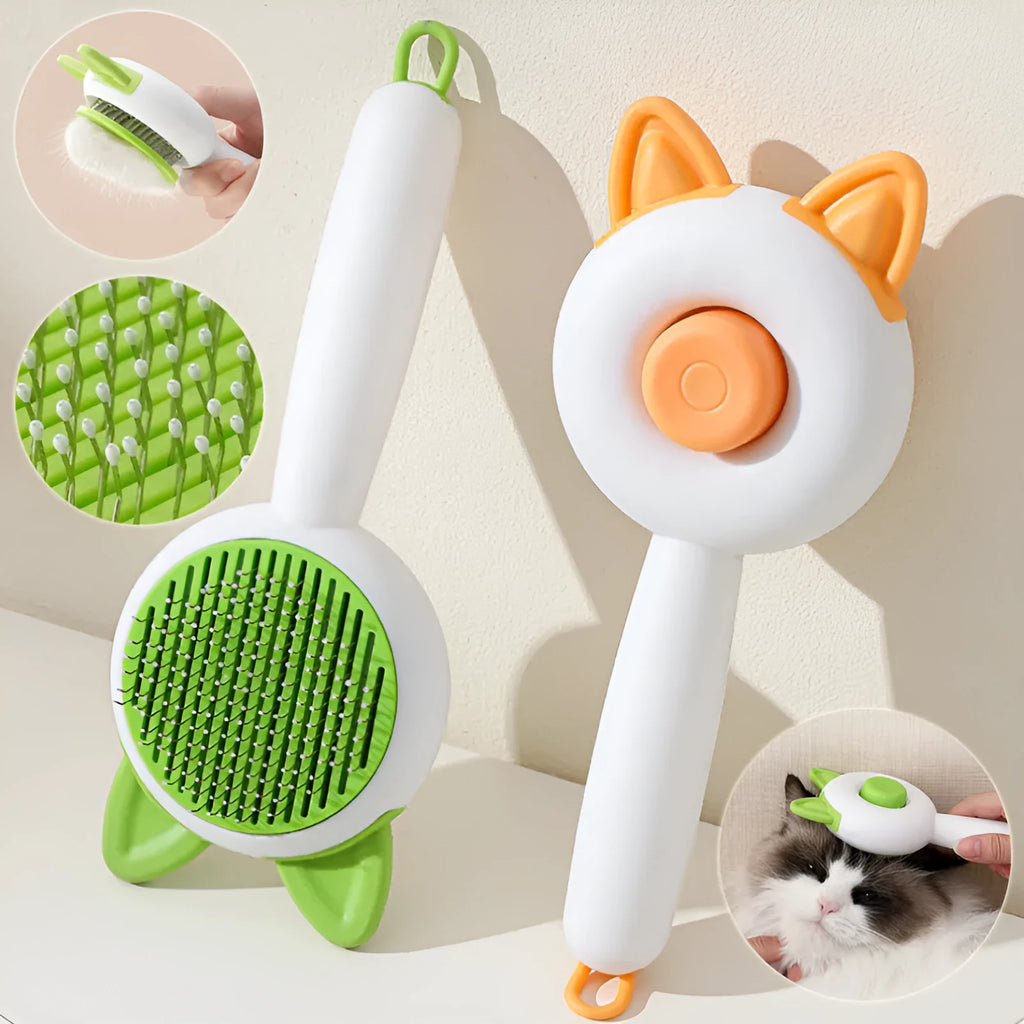 Self-cleaning pet grooming brush with stainless steel teeth and TPR massage nodules in greenish white colour