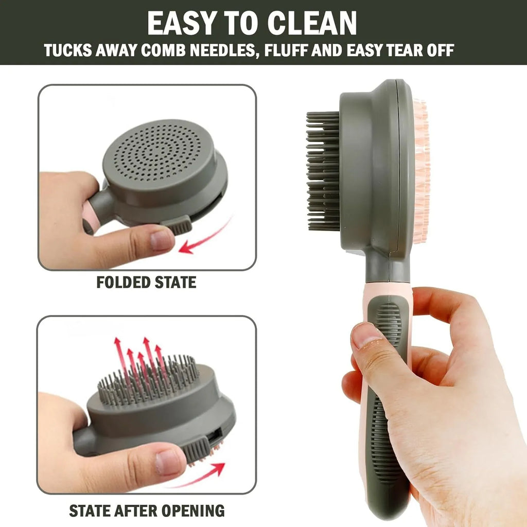 Double-sided pink cat brush with slicker bristles on one side and flea comb on the other, showing hair release button