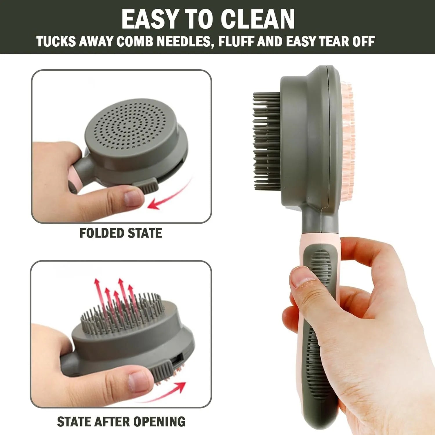 Double-sided pink cat brush with slicker bristles on one side and flea comb on the other, showing hair release button