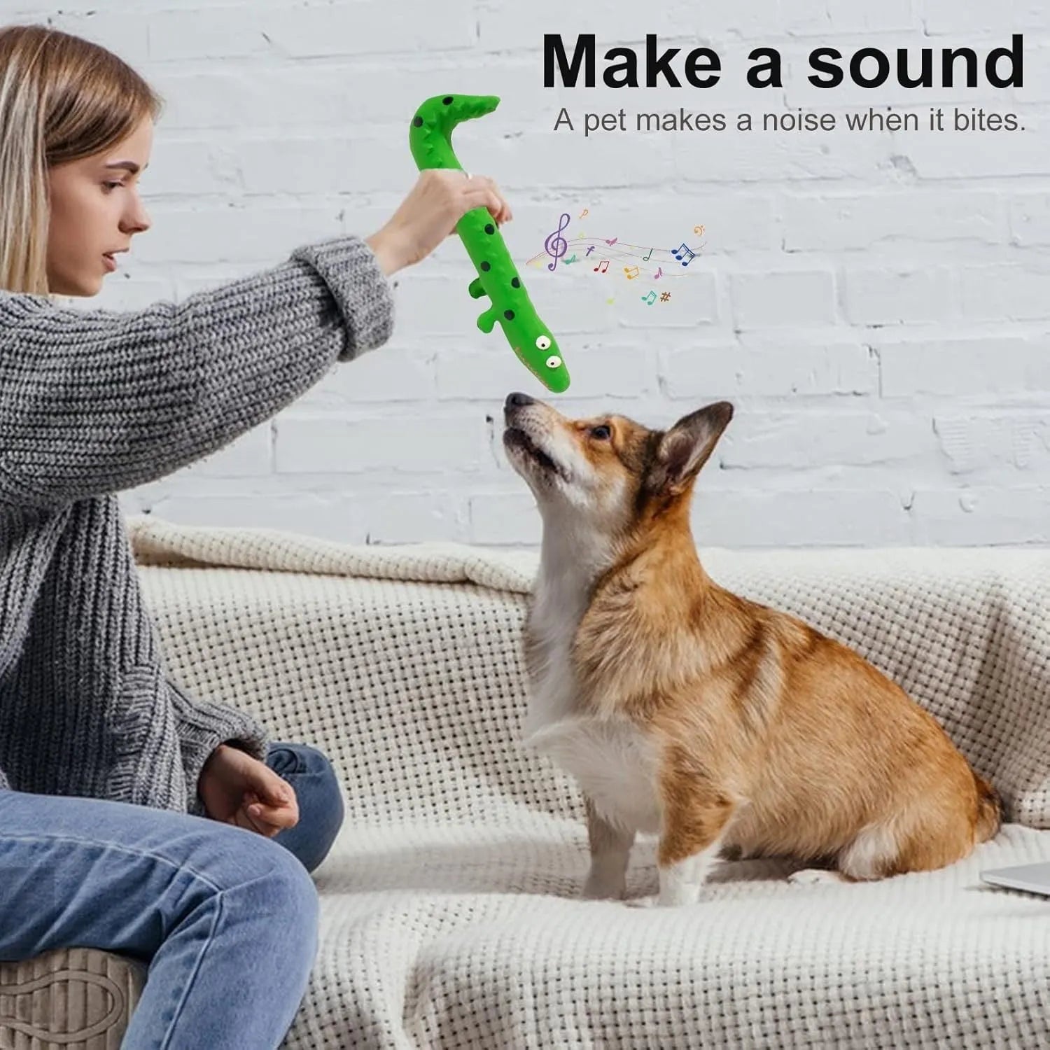 Green cartoon lizard-shaped dog chew toy with textured surface for dental cleaning