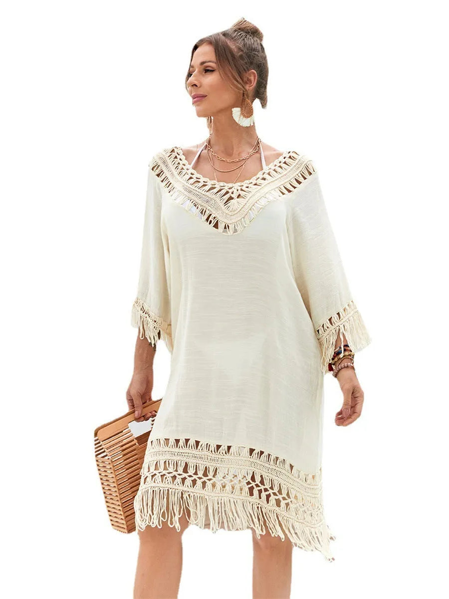 Apricot-coloured women's beach dress with hand-crocheted detailing and polyester lining