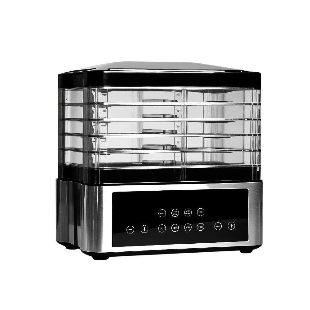 Silver stainless steel fruit dehydrator with 14 litre capacity and digital temperature control display