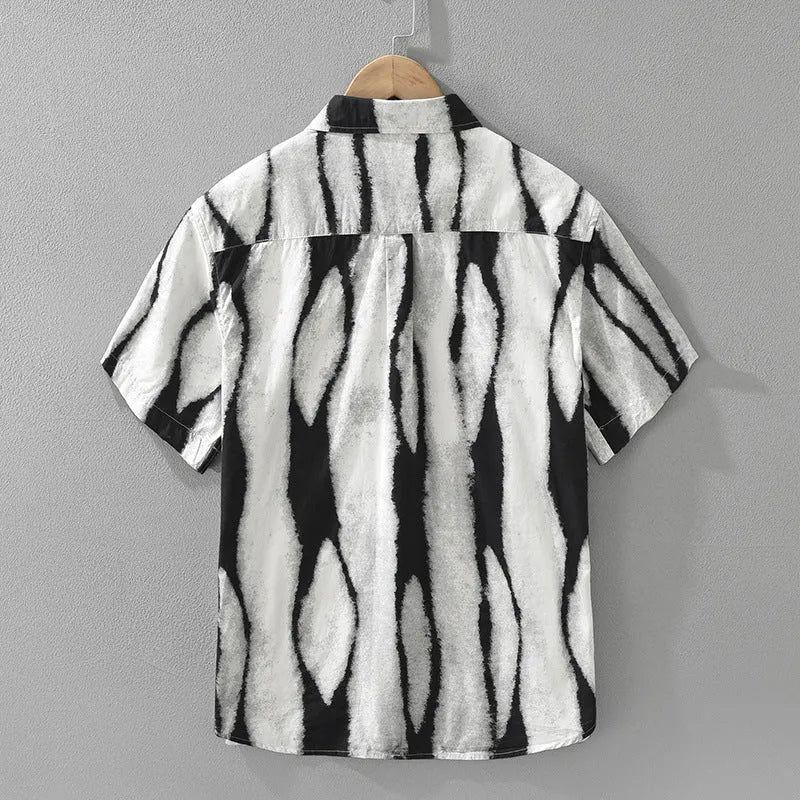 Men's retro striped short sleeve shirt in pure cotton with loose fit cardigan styling