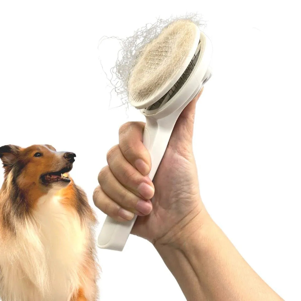 Blue self-cleaning slicker brush for dogs and cats with ergonomic rubber handle