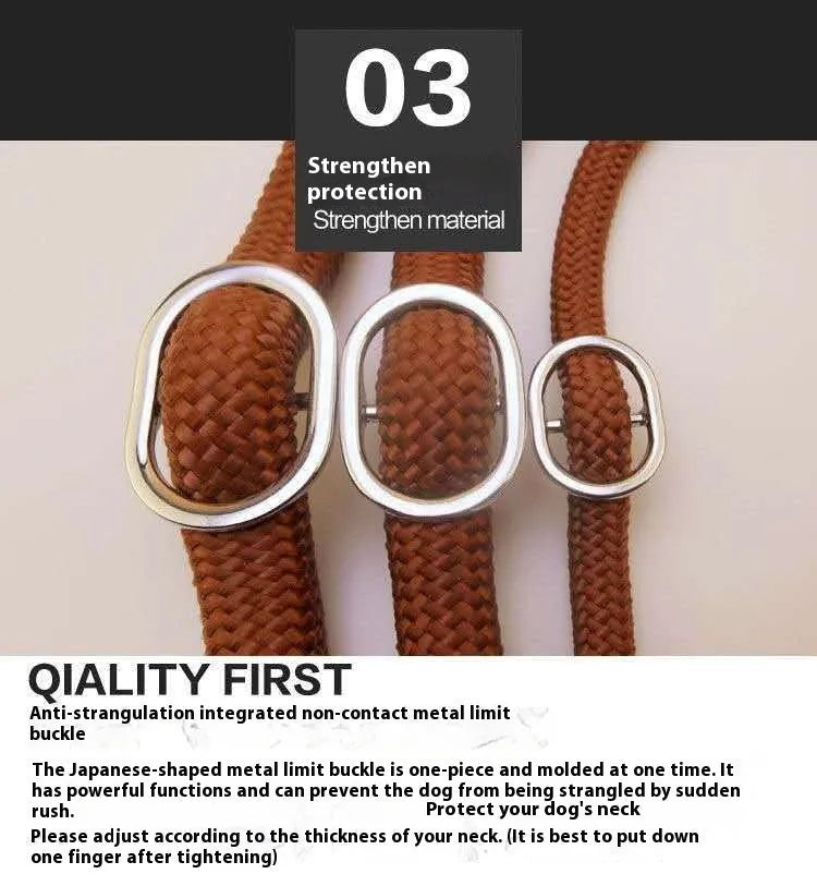 Brown nylon dog leash with a metal P-chain clip and a braided hand holding rope, shown at full 2.1 metre length.
