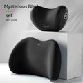 Black car headrest and lumbar support pillow set with memory foam filling on grey car seat