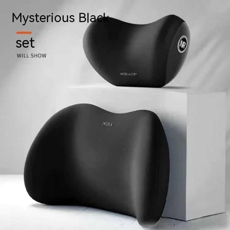 Black car headrest and lumbar support pillow set with memory foam filling on grey car seat