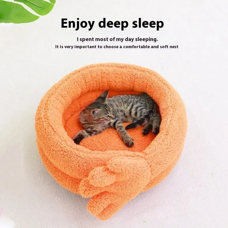 Yellow plush pet kennel with mattress for cats and dogs, showing its 48 cm length.