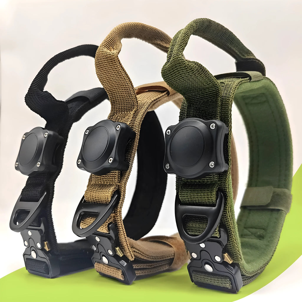 Tactical waterproof dog collar with positioning ring in army green colour showing polyester construction
