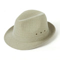 A thickened wool fedora hat for men in classic grey, shown in a side profile to highlight its centre pinch and band.