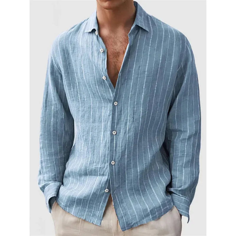 Men's loose fit striped print cardigan shirt in polyester with short sleeves