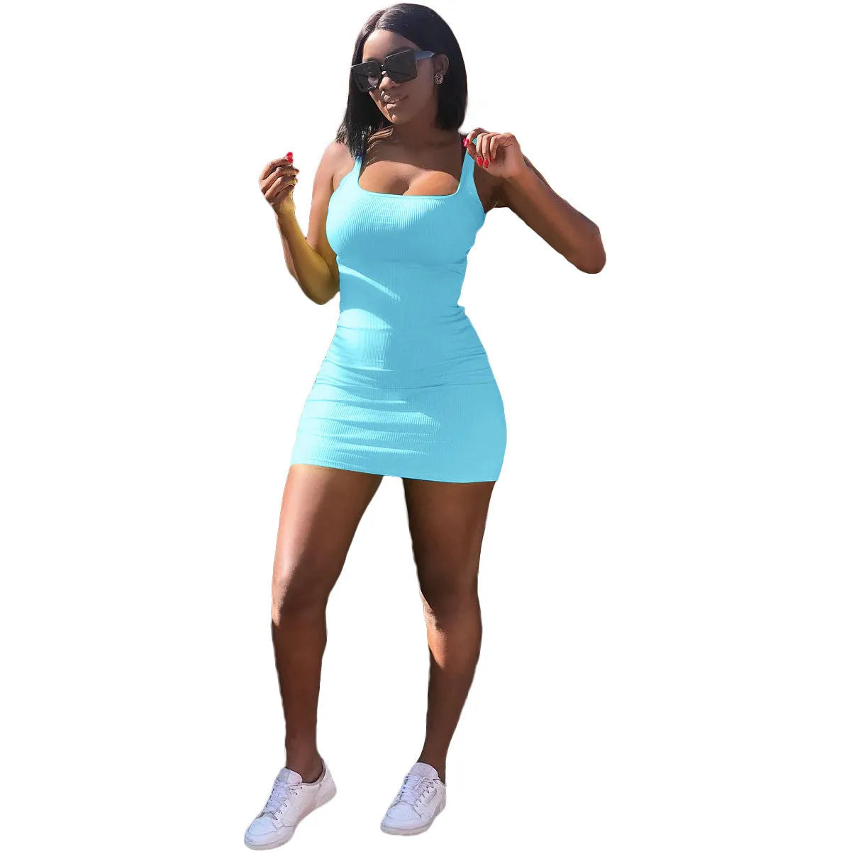 Women's slim fit casual dress with U-neck, straps, sunken stripe pattern, and princess sleeves.