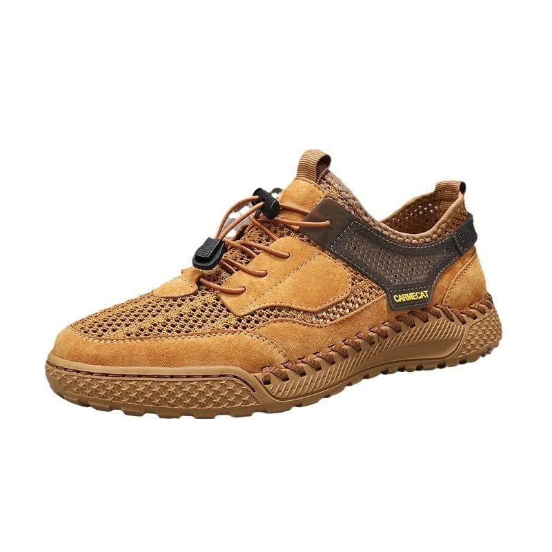 Men's brown suede tennis shoes with elastic band and rubber sole