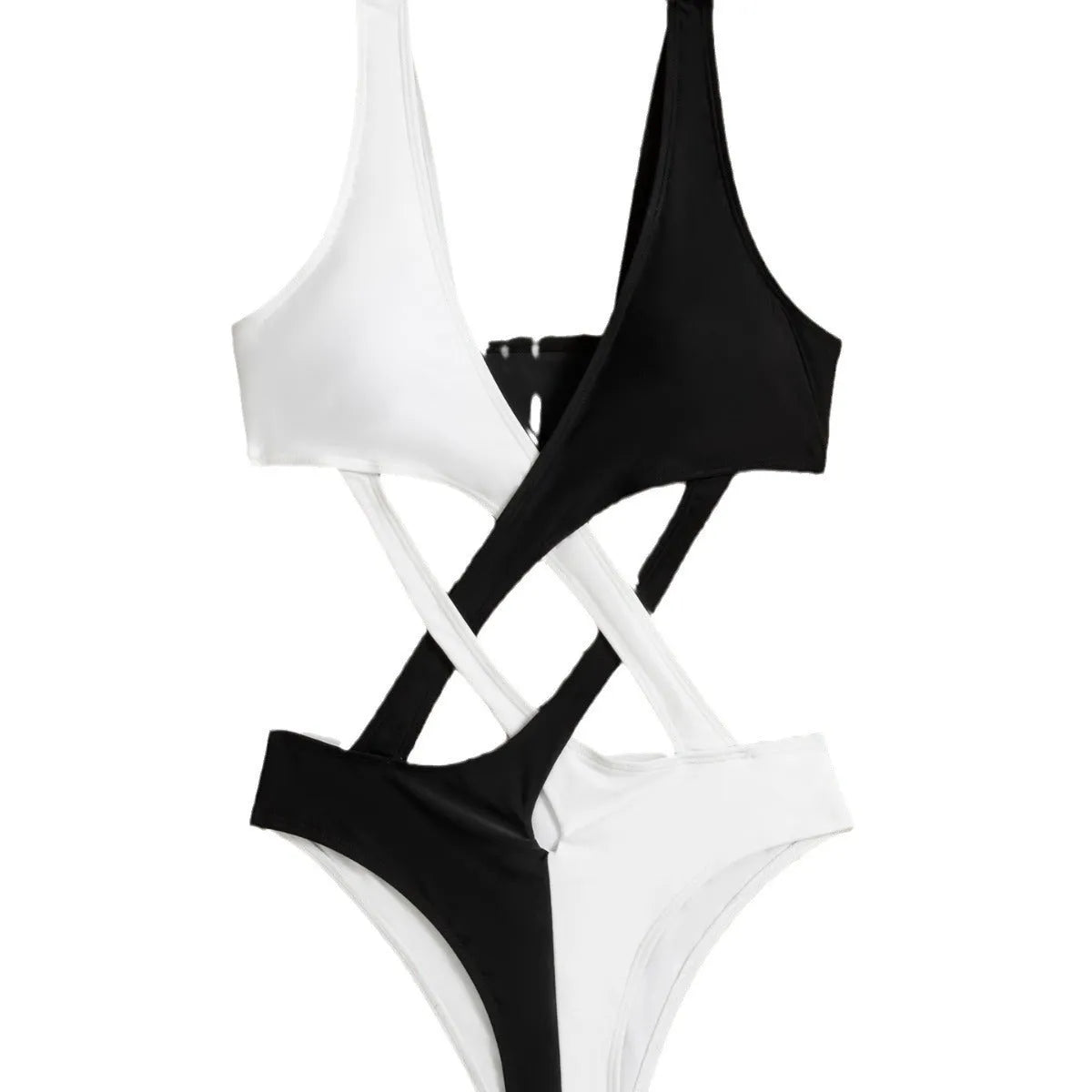 White women's one-piece swimsuit with colour block design and hollow out pattern