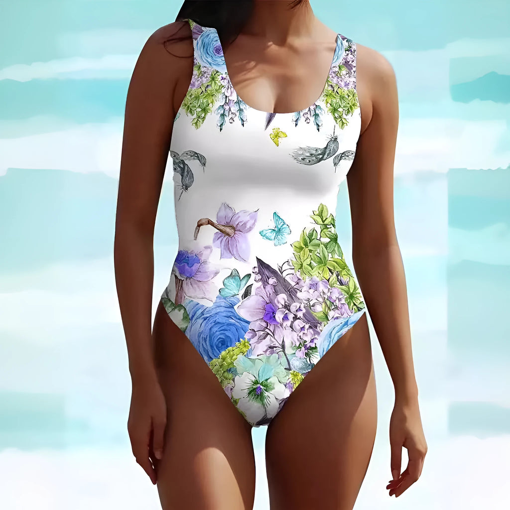 Women's sleeveless swimsuit dress in spandex with artistic retro pattern, Bohemian style beachwear