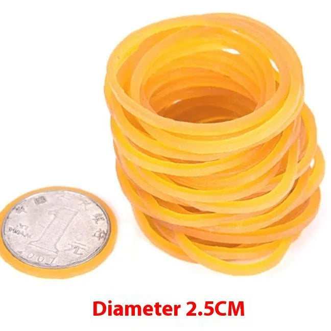 500g pack of yellow rubber bands showing various diameters from 16mm to 70mm