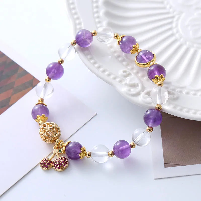 Purple amethyst crystal bracelet with micro-inlaid cherry blossom pattern for women's sweet fairy style jewellery