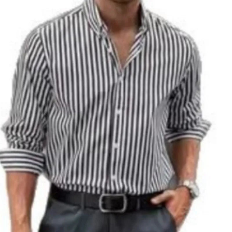 Men's loose fit striped casual button shirt in cardigan style with long sleeves