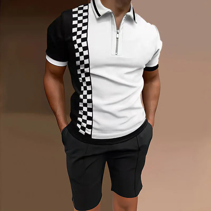 Men's casual printed polyester two-piece set showing short sleeve top and matching shorts