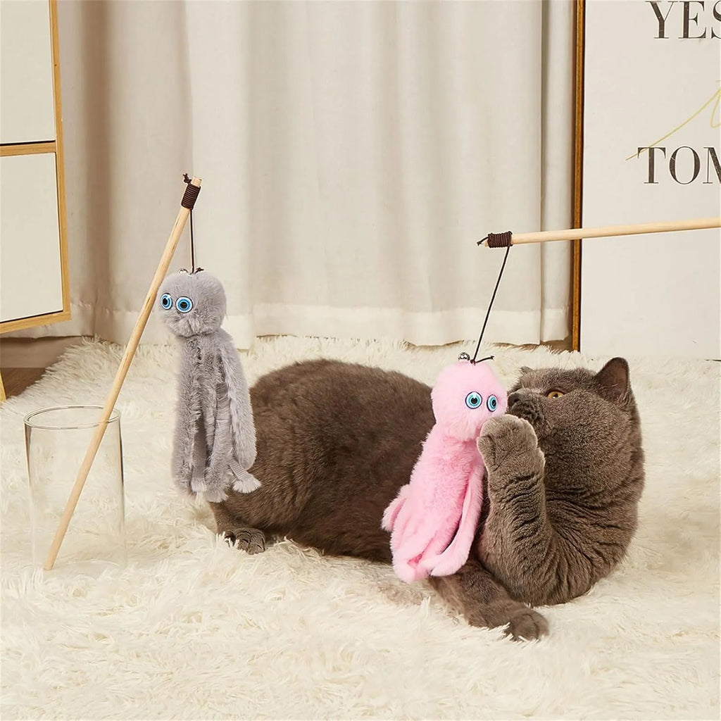 Octopus cat toy with long stick and movable eyes in bright colours for indoor kittens