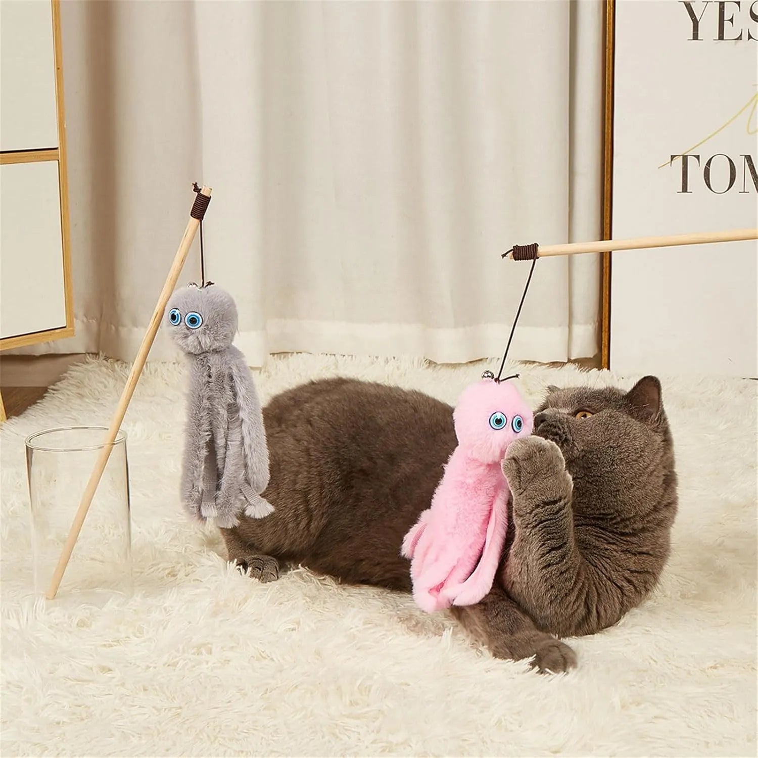 Octopus cat toy with long stick and movable eyes in bright colours for indoor kittens