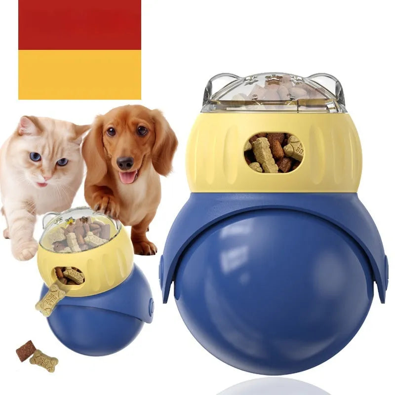 Yellow and blue plastic tumbler owl cat puzzle feeder for self-service food dispensing.