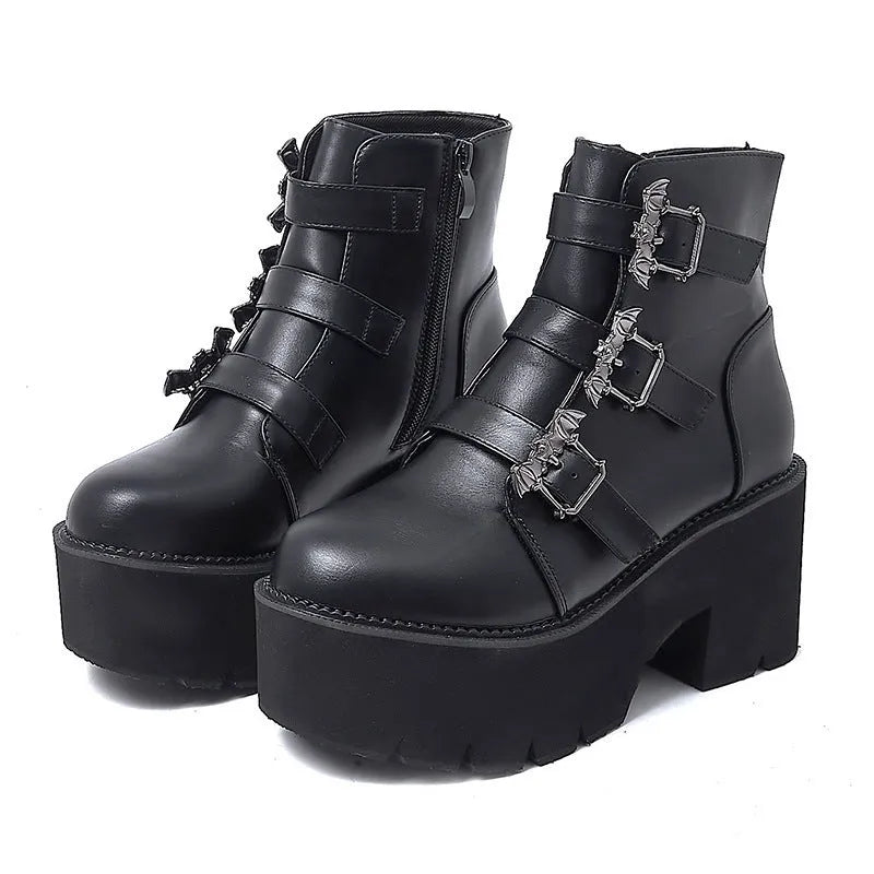 Black women's punk bat buckle gothic ankle boots with side zipper and thick heel