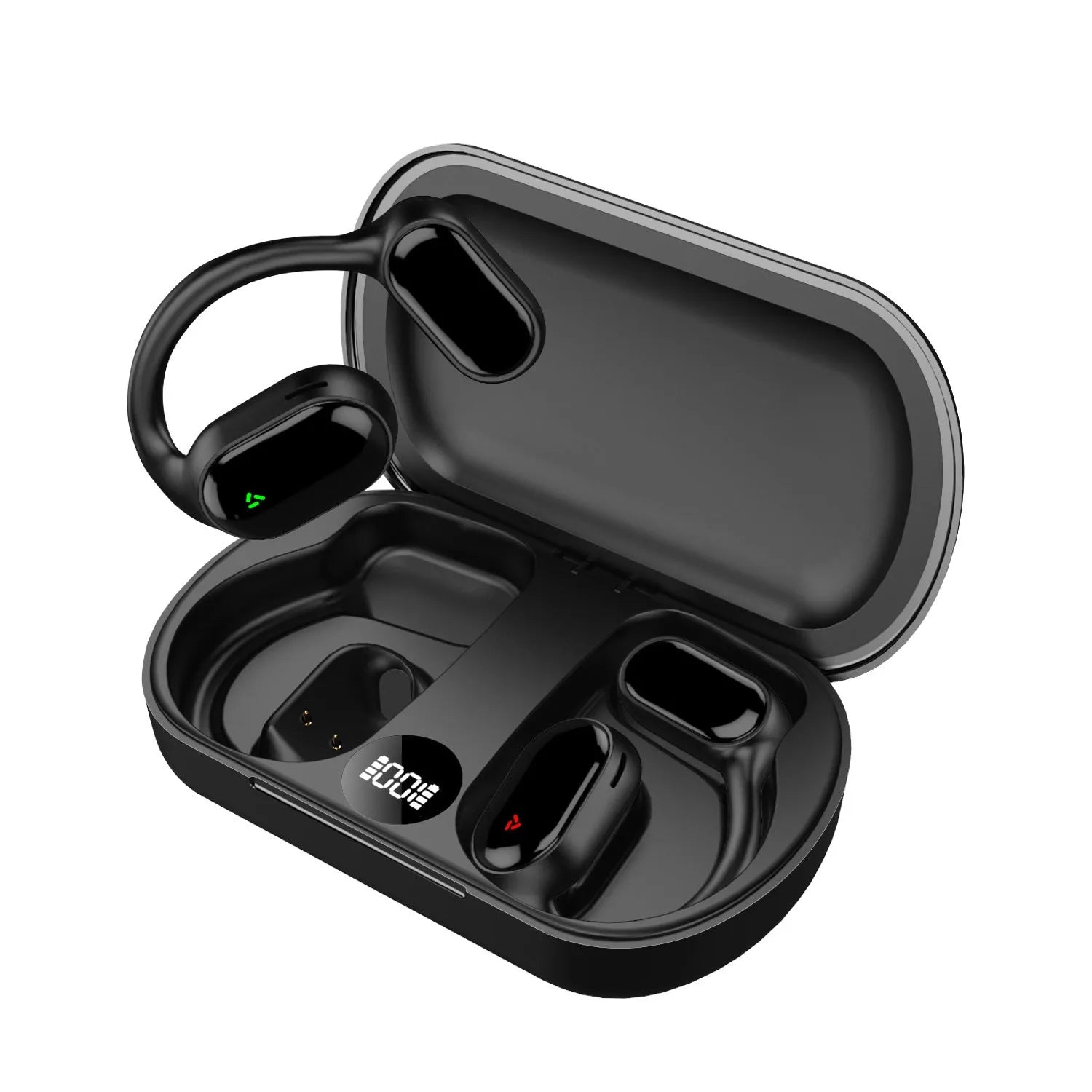 Non in-ear air conduction Bluetooth headset in black with breathing light, rotatable JM05 model on white background