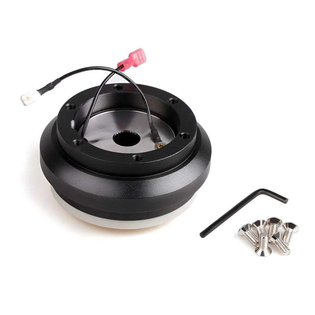 Black steel steering wheel boss kit for Honda Civic EK and EG models, with broad Acura and Honda compatibility.