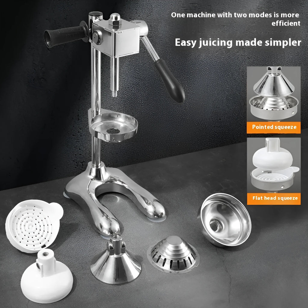 Vertical stainless steel manual citrus juicer in black, silver, white, orange, or electroplated finish with pointed, flat, or double-headed tip.