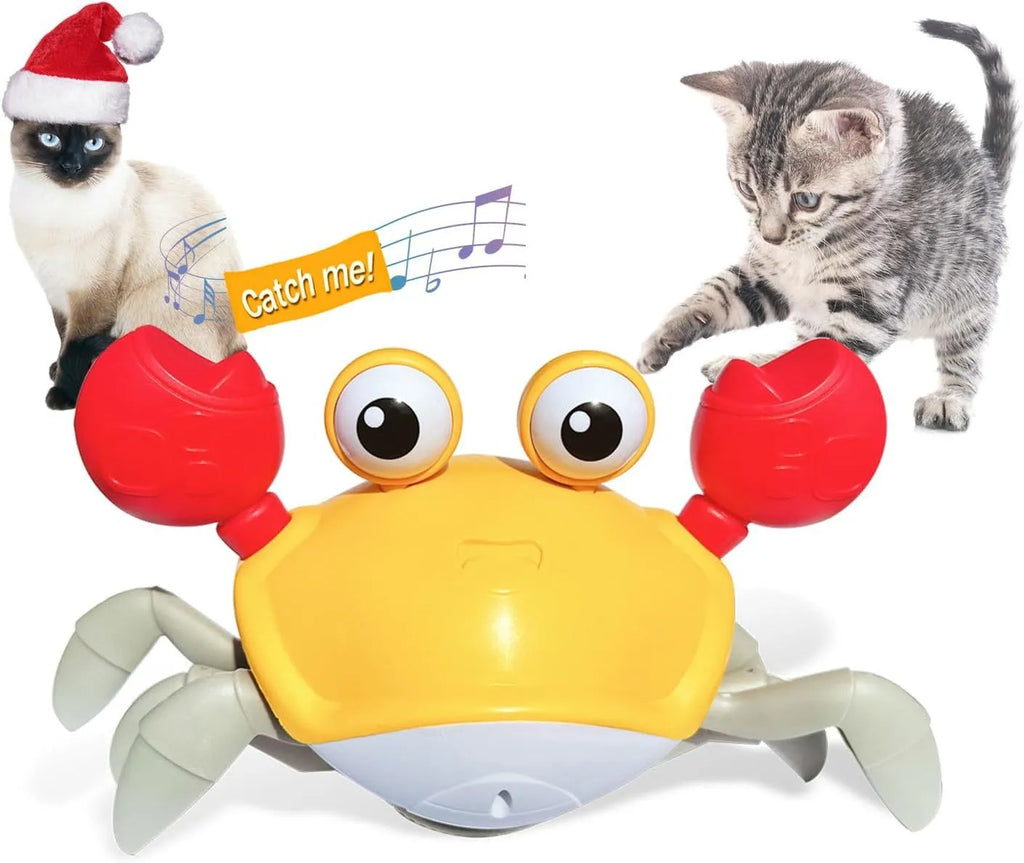 Blue or red electronic crawling crab dog toy with lights, shown moving on a floor.