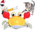 Blue or red electronic crawling crab dog toy with lights, shown moving on a floor.