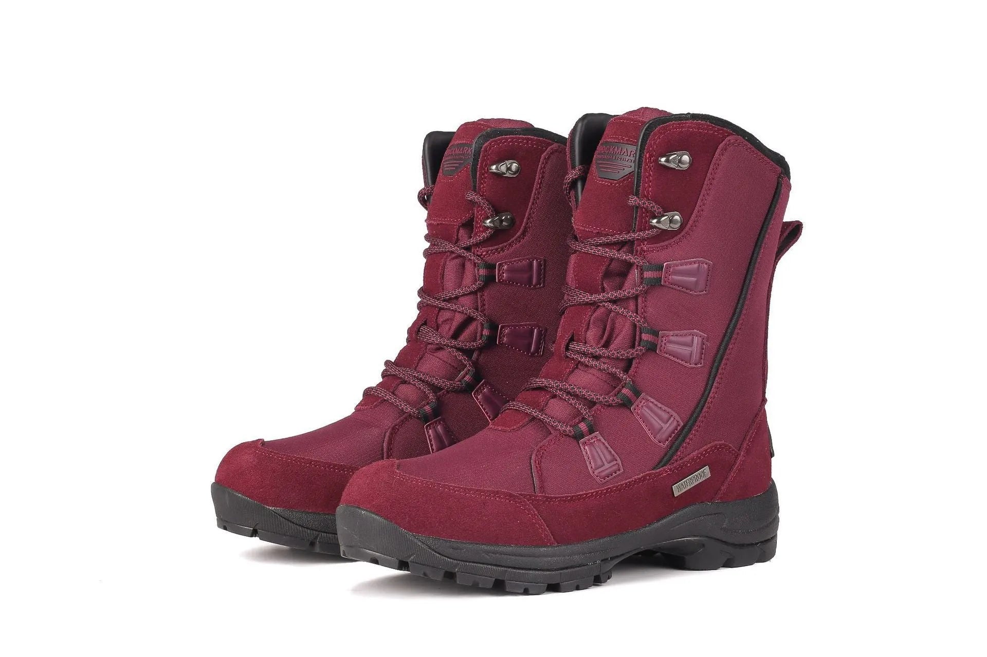 Women's white genuine leather mid-calf snow boots with a round toe and rubber sole on a plain background.