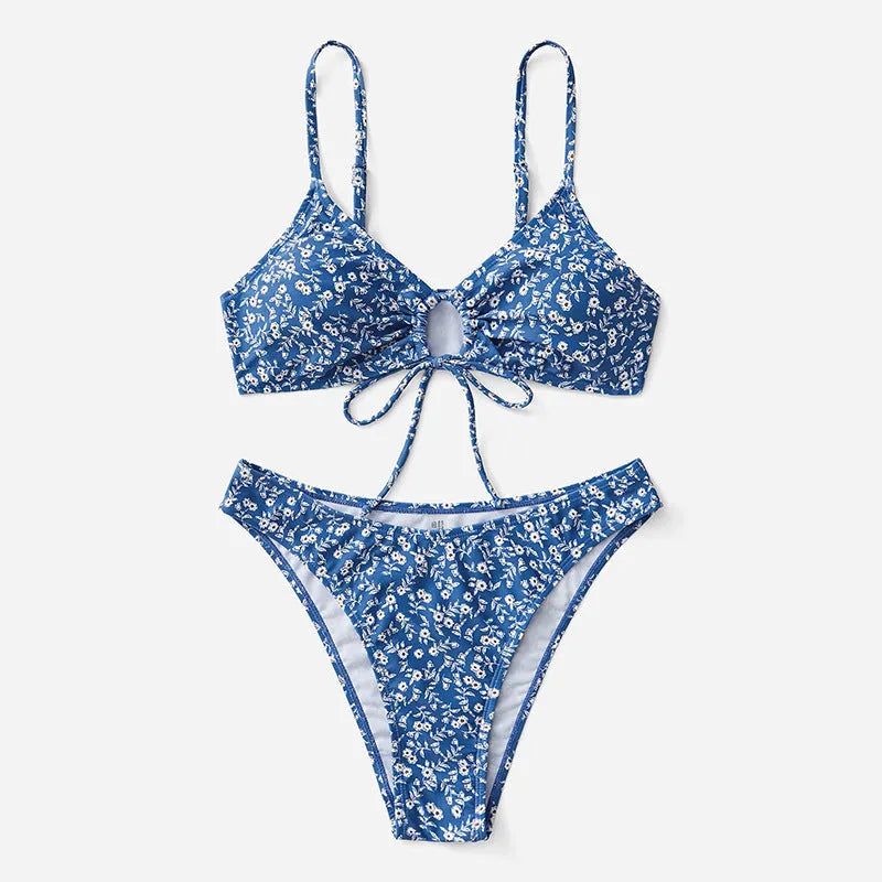 Blue polyester swimsuit set with separate top and shorts for swimming, no steel rings