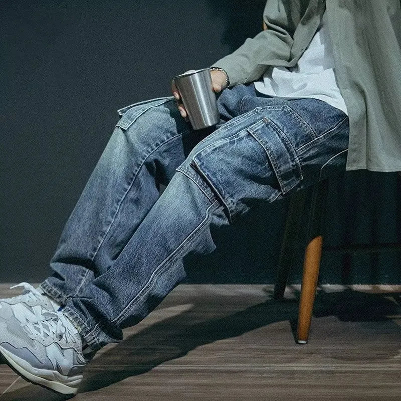Men's blue loose straight-leg retro stretch denim trousers with zip fly placket
