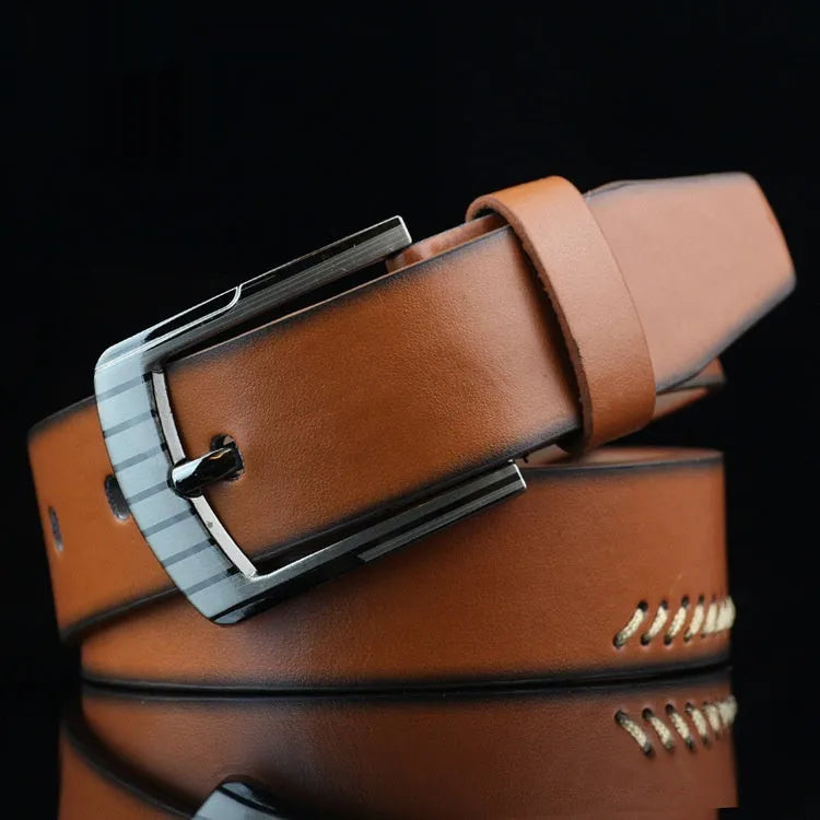 Men's threading casual belt with alloy pin buckle in imitation leather