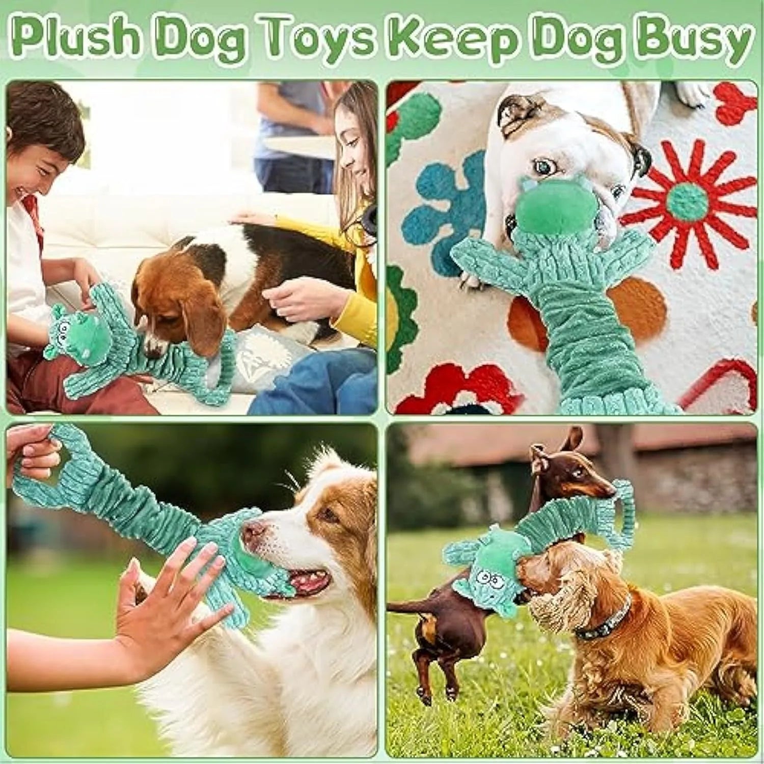 Large plush squeaky dog toy with telescopic body and crinkle paper handle for tug of war play