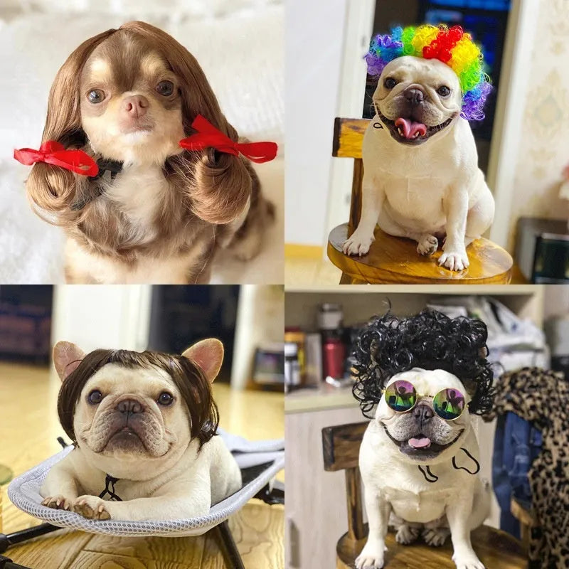 Adjustable pet wig headdress sheath in nylon fibre for 30-60cm head sizes, shown in Afro style
