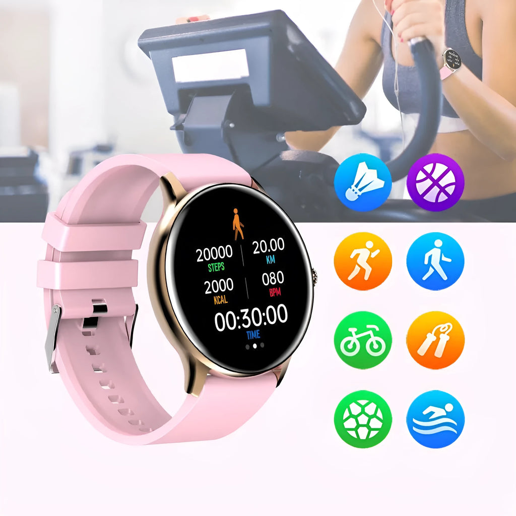 Black smart sports watch with blood pressure monitoring on a 1.28-inch display showing health metrics
