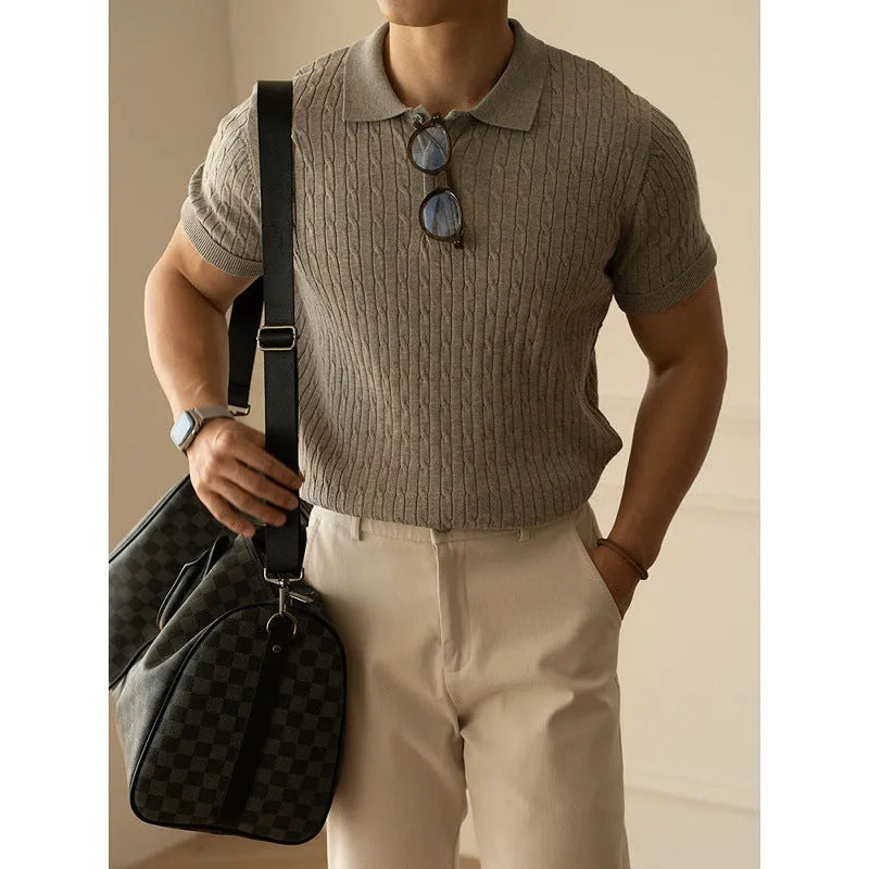 Man wearing a khaki short sleeve blend fabric top suitable for business commute.