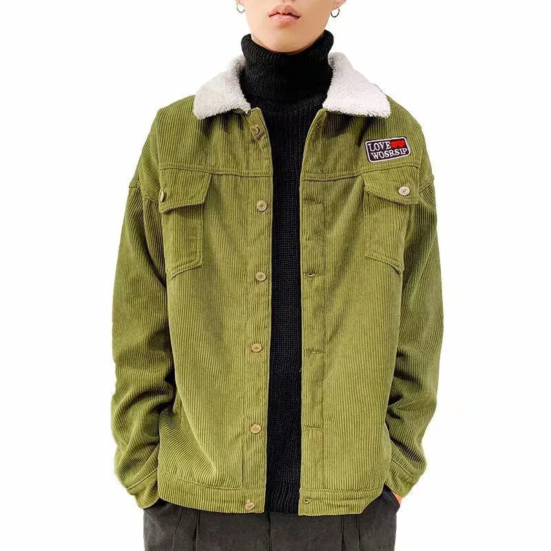 Men's corduroy work jacket in solid colour with regular sleeves and stick pockets