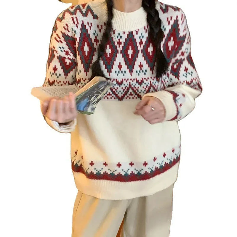 Retro striped loose pullover knitted top in red and white colours.